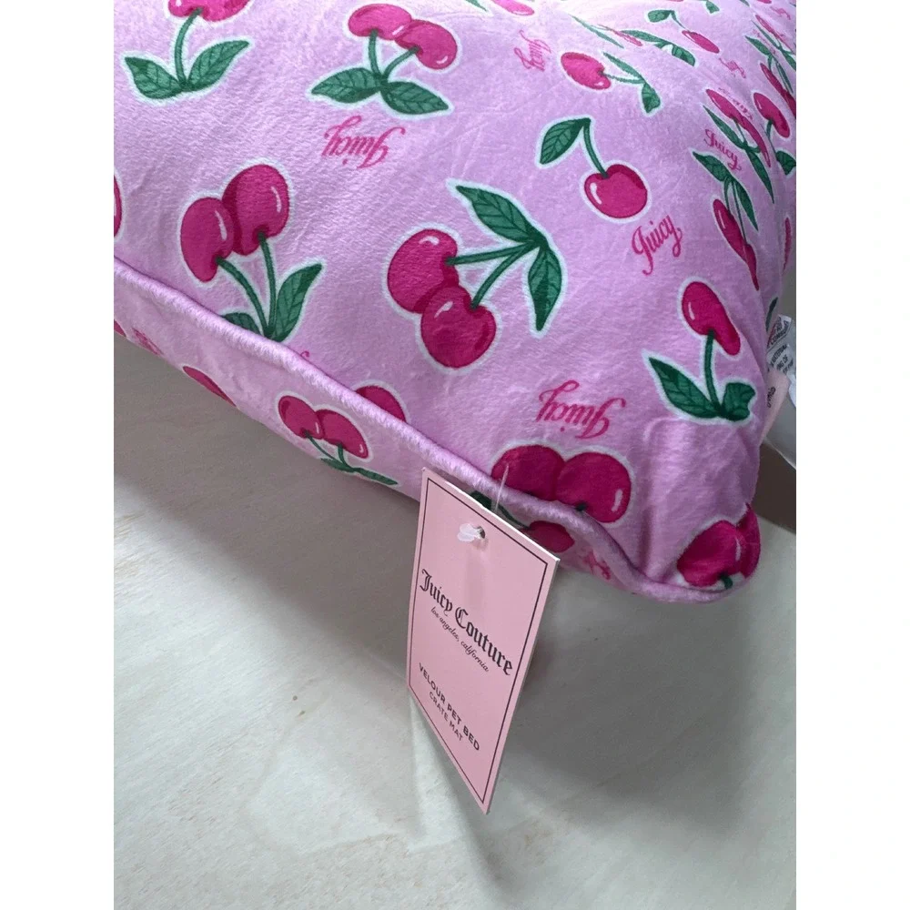 Juicy Couture Pink Cherry Velour Pet Bed Crate Mat Tufted Plush Dog